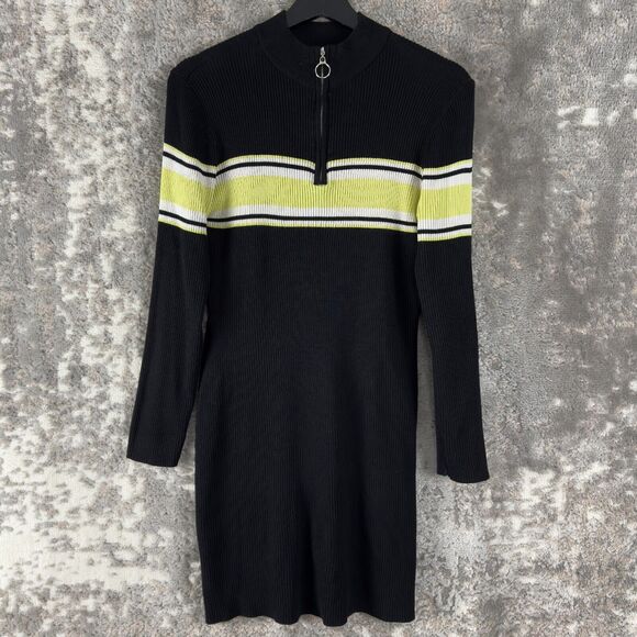 AriZona Dresses & Skirts - Arizona Jean Co Size XL Mock Neck Striped 1/4 Zip Sweater Dress Black Yellow